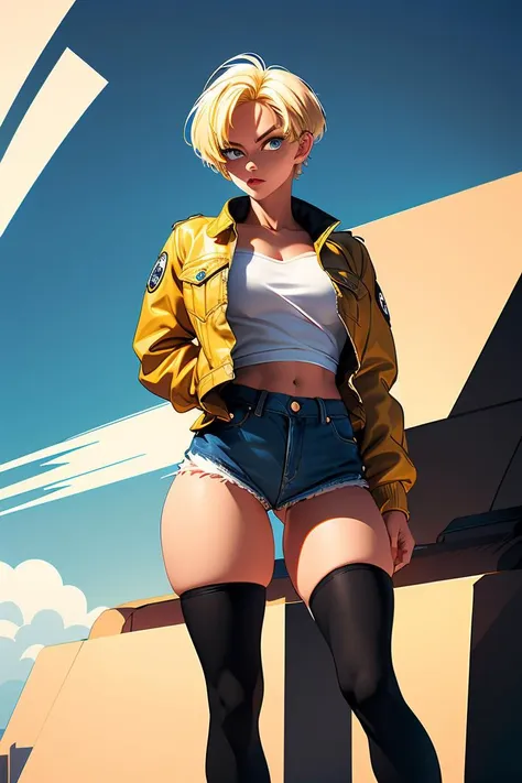 (masterpiece, best quality), 1girl, <lora:HerrscherAGGA2023_STDB_V3:1> AGGA_STDB003, blonde hair, short hair, denim jacket, black thighhighs,