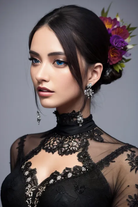 delicate, masterpiece, beautiful detailed, colourful, finely detailed, intricate details, (1 woman:1.1), solo, black dress, detailed_face, Western, blond