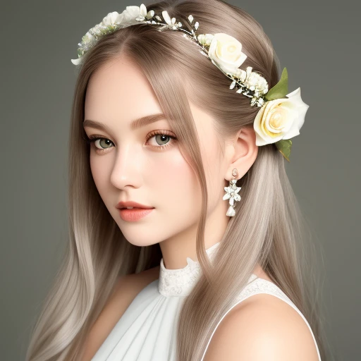 grey background,head portrait,1girl, white flower, dress, lily (flower), white rose, earrings, solo, long hair, white dress, hair ornament, jewelry, bouquet, rose, wedding dress, hair flower, looking at viewer, breasts, blurry, lips