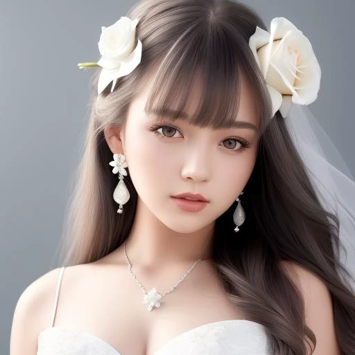 grey background,head portrait,1girl, white flower, dress, lily (flower), white rose, earrings, solo, long hair, white dress, hair ornament, jewelry, bouquet, rose, wedding dress, hair flower, looking at viewer, breasts, blurry, lips