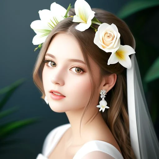 white background,head portrait,1girl, white flower, dress, lily (flower), white rose, earrings, solo, long hair, white dress, hair ornament, jewelry, bouquet, rose, wedding dress, hair flower, looking at viewer, breasts, blurry, lips