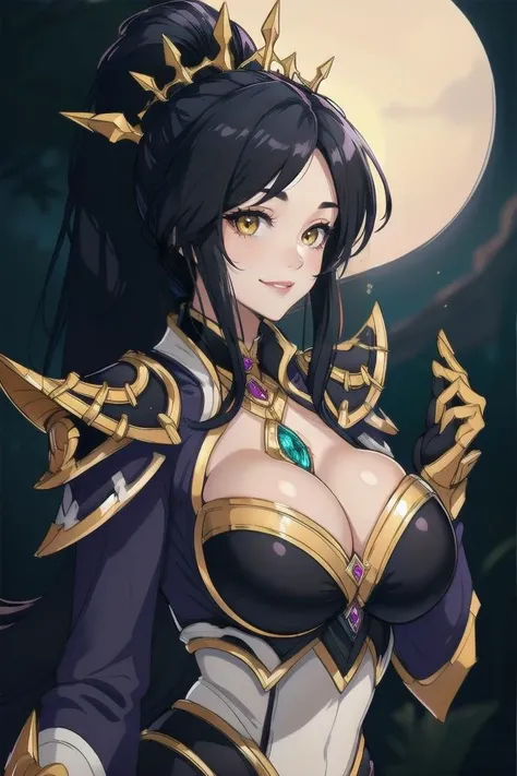 <lora:LIMING_2:0.9>,
<lora:PerfectFullBreasts-fCV3.5:1>,
Masterpiece, Best Quality, High Quality, Highres, Detailed, Extremely Detailed, Ambient Soft Lighting, 4K, Ornate,
fantasy world, evening, campfire,
(Centered:1.4),
(upper body),
1girl, (Solo:1.4),
(large breasts:1.1),
(hands on own chest:1.3),
black hair, ponytail,
looking at viewer, yellow eyes, seductive smile,
long sleeves, armor,
head jewel, tiara,
(perfect slim body),
<lora:hamichichiB:0.5>,