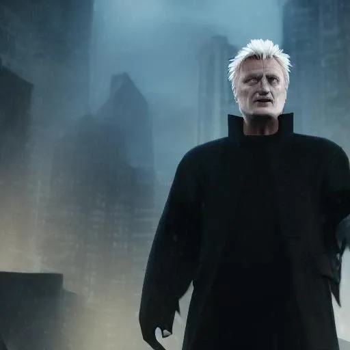 ps1, img, rutger hauer, face, low_poly, flat textures, white spikey hair, bladerunner, jacket, profile, city background, <lora:Hideous_PS1_Game:0.9>