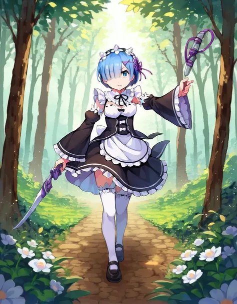score_9, score_8_up, score_7_up, source_anime,
rezerorem, <lora:rezero-rem-ponyxl-lora-nochekaiser:1>,
rem, blue eyes, blue hair, hair ornament, hair over one eye, hair ribbon, short hair, x hair ornament,
apron, black ribbon, black skirt, black sleeves, detached collar, detached sleeves, flower, frilled apron, frilled skirt, frills, head wreath, long sleeves, maid, miniskirt, neck ribbon, purple ribbon, ribbon, ribbon trim, ribbon-trimmed sleeves, roswaal mansion maid uniform, short hair, skirt, thighhighs, waist apron, white apron, white thighhighs,
outdoors, nature, forest, fighting stance, weapon, holding weapon, horn, angry, anger vein, chain, ball and chain (weapon\),
looking at viewer, dutch angle, cowboy shot,