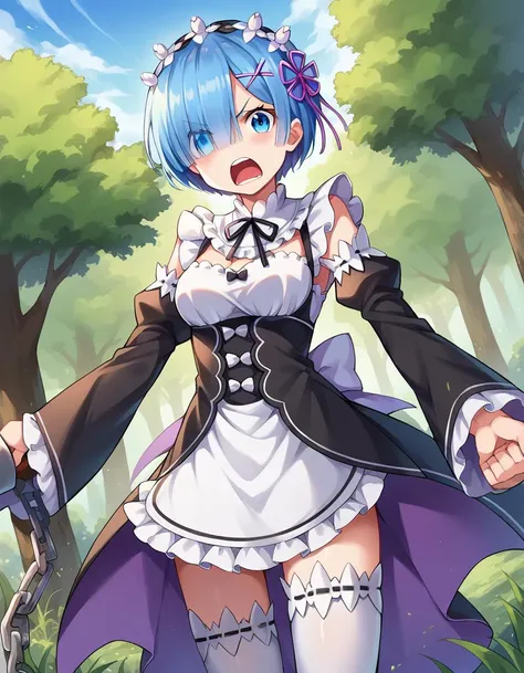 score_9, score_8_up, score_7_up, source_anime,
rezerorem, <lora:rezero-rem-ponyxl-lora-nochekaiser:1>,
rem, blue eyes, blue hair, hair ornament, hair over one eye, hair ribbon, short hair, x hair ornament,
apron, black ribbon, black skirt, black sleeves, detached collar, detached sleeves, flower, frilled apron, frilled skirt, frills, head wreath, long sleeves, maid, miniskirt, neck ribbon, purple ribbon, ribbon, ribbon trim, ribbon-trimmed sleeves, roswaal mansion maid uniform, short hair, skirt, thighhighs, waist apron, white apron, white thighhighs,
outdoors, nature, forest, fighting stance, weapon, holding weapon, horn, shouting, open mouth, angry, anger vein, chain, ball and chain (weapon\),
looking at viewer, dutch angle, cowboy shot,