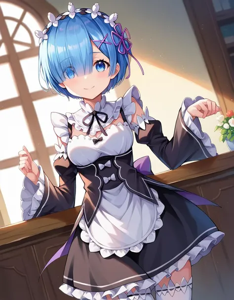 score_9, score_8_up, score_7_up, source_anime,
rezerorem, <lora:rezero-rem-ponyxl-lora-nochekaiser:1>,
rem, blue eyes, blue hair, hair ornament, hair over one eye, hair ribbon, short hair, x hair ornament, smile,
apron, black ribbon, black skirt, black sleeves, detached collar, detached sleeves, flower, frilled apron, frilled skirt, frills, head wreath, long sleeves, maid, miniskirt, neck ribbon, purple ribbon, ribbon, ribbon trim, ribbon-trimmed sleeves, roswaal mansion maid uniform, short hair, skirt, thighhighs, waist apron, white apron, white thighhighs,
indoors,
looking at viewer, dutch angle, cowboy shot,