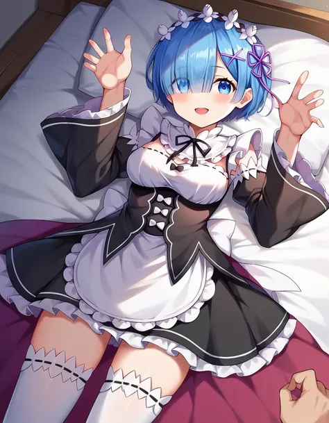 masterpiece, best quality, 1 girl, detailed beautiful face, short hair, blue hair, headband, embarrassed, blush, maid costume, undressing, hand in panties, sweat, sigh, lying on bed, open mouth, spread legs