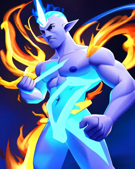 medium full shot. handsome young adult shirtless manly mage man casting a fire spell, abstract, surreal, best quality, psxstyle, color scheme blue and white