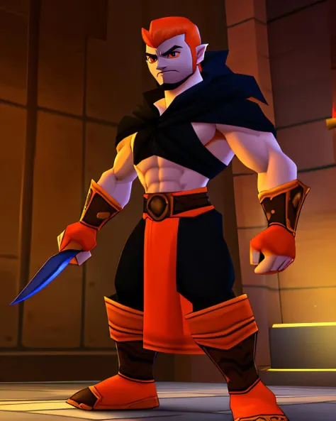 medium full shot. handsome young adult shirtless manly rogue man wielding daggers, best quality, psxstyle, color scheme orange and black