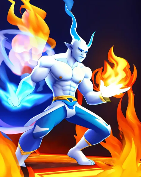 medium full shot. handsome young adult shirtless manly mage man casting a fire spell, abstract, surreal, best quality, psxstyle, color scheme blue and white