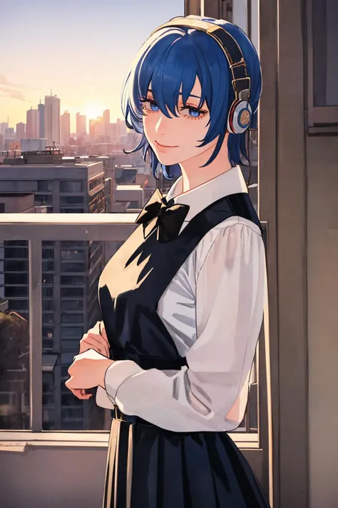 1girl,solo,(cadetblue hair:1.3),short hair,messy hair,bangs,hair between eyes,head tilt,light smile,(black behind-the-head headphones:1.2) BREAK
a pretty woman individual is immersed in listening to music,looking over city skyline on an abandoned hospital rooftop,against railing,enjoys a peaceful evening sunset,surrounded by the soft ambiance of floating musical notes that capture the melody and emotion of the moment BREAK
<lora:BPDv1:1:lbw=FUZU>,BPD,black pinafore dress,long skirt,red bowtie,belt,eyeliner,smug,<lora:NorakuraStyle:0.6>,norakurastyle,1990s \(style\),<lora:FujimotoStyle:0.8>,watercolor \(medium\),