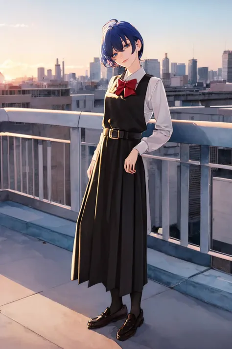 1girl,solo,full body,wide shot,(cadetblue hair:1.3),short hair,messy hair,bangs,hair between eyes,head tilt,light smile,eyeliner,smug BREAK
a pretty woman individual is immersed in listening to music,looking over city skyline on an abandoned hospital rooftop,against railing,enjoys a peaceful evening sunset,surrounded by the soft ambiance of floating musical notes that capture the melody and emotion of the moment BREAK
<lora:BPDv1:1:lbw=FUZU>,BPD,black pinafore dress,long skirt,red bowtie,belt,white socks,brown leather loafers,<lora:NorakuraStyle:0.6>,norakurastyle,1990s \(style\),<lora:FujimotoStyle:0.8>,watercolor \(medium\),