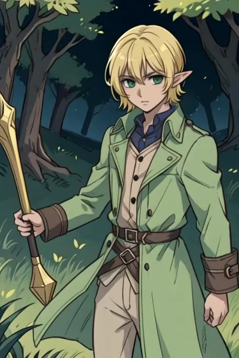 masterpiece, best quality, wallpaper, 1boy, solo, male focus, looking at viewer, , depth of field, anime coloring, , <lora:takuma_ichijou:0.66>, takuma_ichijou, blonde hair, green eyes, trench coat, , Middle Earth: A vast and ancient world, home to Elves, Dwarves, Hobbits, and Wizards,