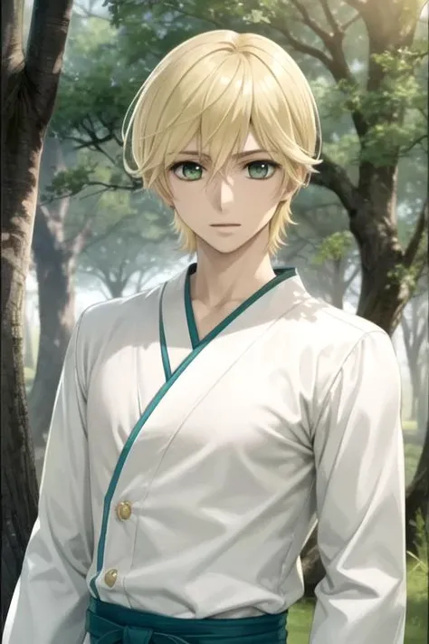 masterpiece, best quality, , 1boy, solo, male focus, looking at viewer, , , , realistic, <lora:takuma_ichijou:0.66>, takuma_ichijou, blonde hair, green eyes, japanese costume, The Enchanted Forest, Blu-ray