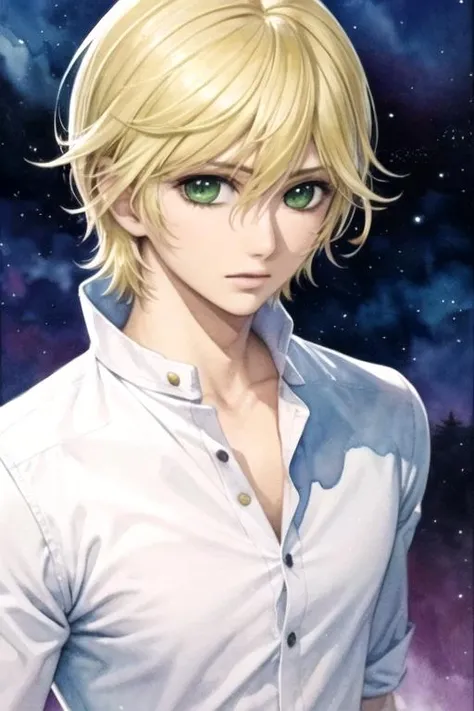 masterpiece, best quality, illustration, 1boy, solo, male focus, looking at viewer, upper body, , (watercolor illustration, soft pastel colors:1.1), realistic, <lora:takuma_ichijou:0.72>, takuma_ichijou, blonde hair, green eyes, , floating city, HDR