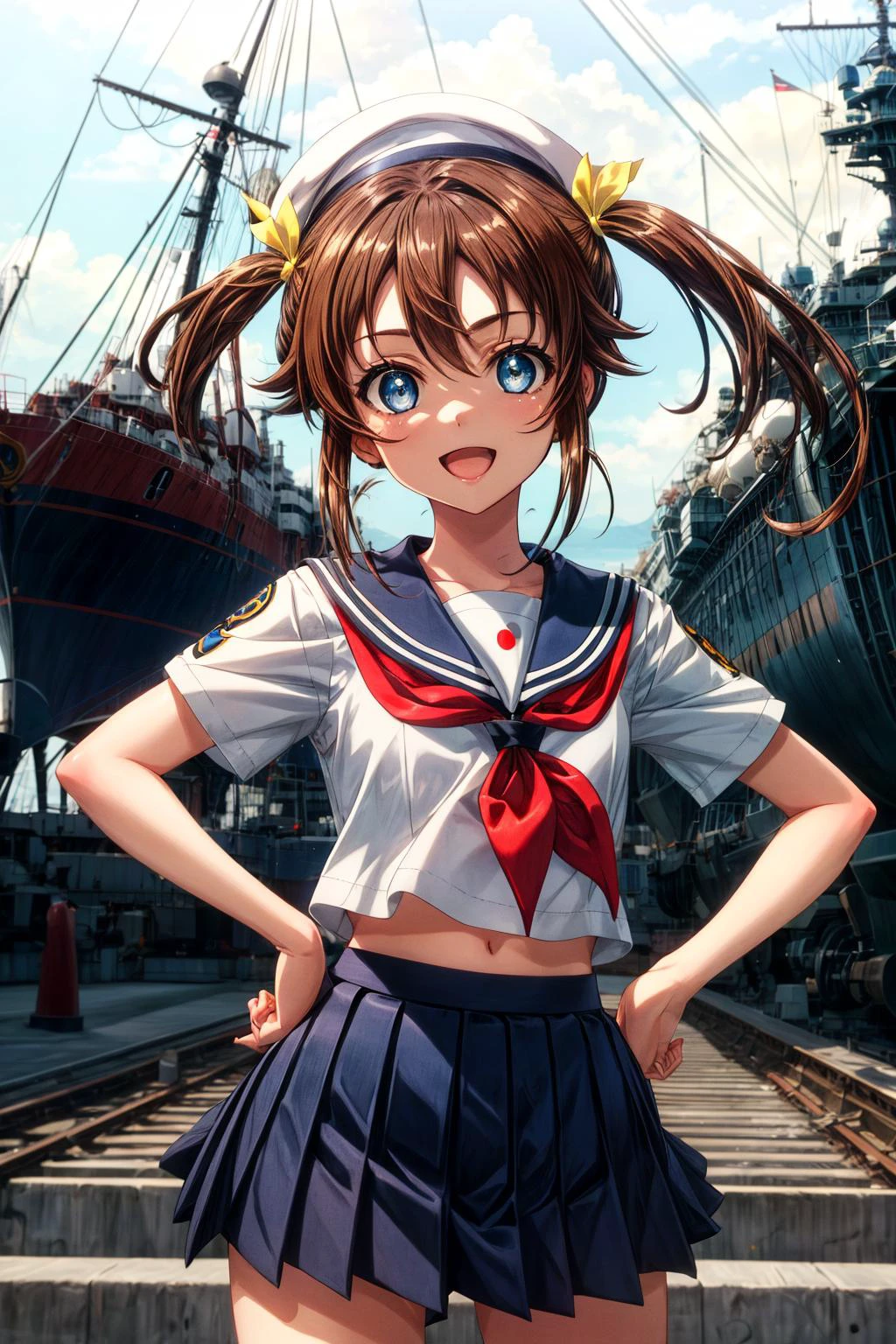 (masterpiece), best quality, (((ultra detailed, 8k quality))), expressive eyes, perfect face, perfect anatomy, perfect body, scene, <lora:scene_:0.7>, <lora:more_details:0.7>, <lora:beautiful_detailed_eyes:0.5>, <lora:give_it_a_name:0.7>, <lora:HighSchoolFleet_MisakiAkeno:0.8>, MisakiAkeno, 1girl, smile, open mouth, brown hair, blue eyes, short hair, twintails, hair ribbon, yellow ribbon, serafuku, red neckerchief, blue skirt, sailor hat, standing, looking at viewer, ship behind, hand on hips, waving hands