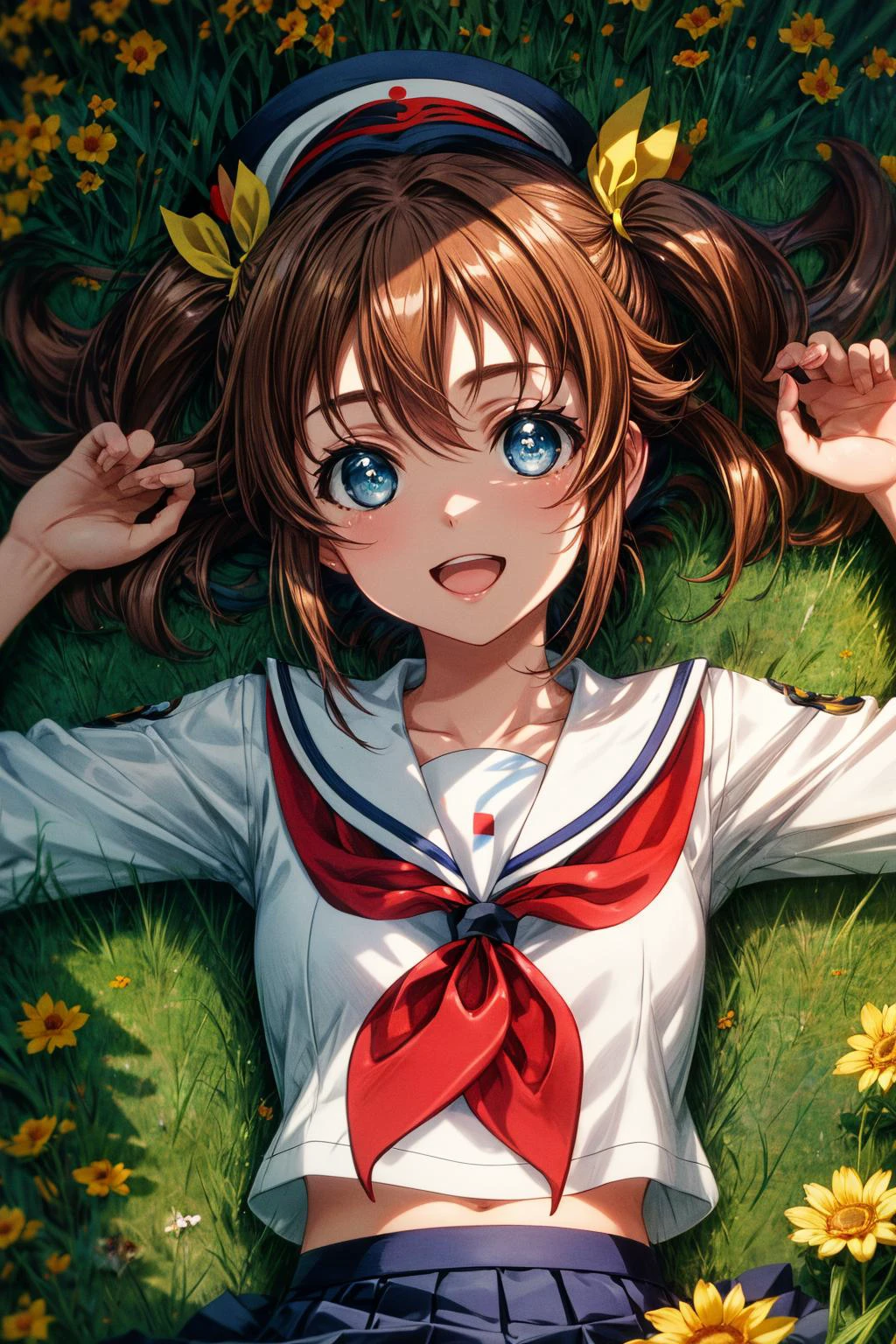 (masterpiece), best quality, (((ultra detailed, 8k quality))), expressive eyes, perfect face, perfect anatomy, perfect body, scene, <lora:scene_:0.7>, <lora:more_details:0.7>, <lora:beautiful_detailed_eyes:0.5>, <lora:give_it_a_name:0.7>, <lora:HighSchoolFleet_MisakiAkeno:0.9>, MisakiAkeno, 1girl, smile, open mouth, brown hair, blue eyes, short hair, twintails, hair ribbon, yellow ribbon, serafuku, red neckerchief, blue skirt, sailor hat,
close portrait, field, flower field, lying on ground, smil