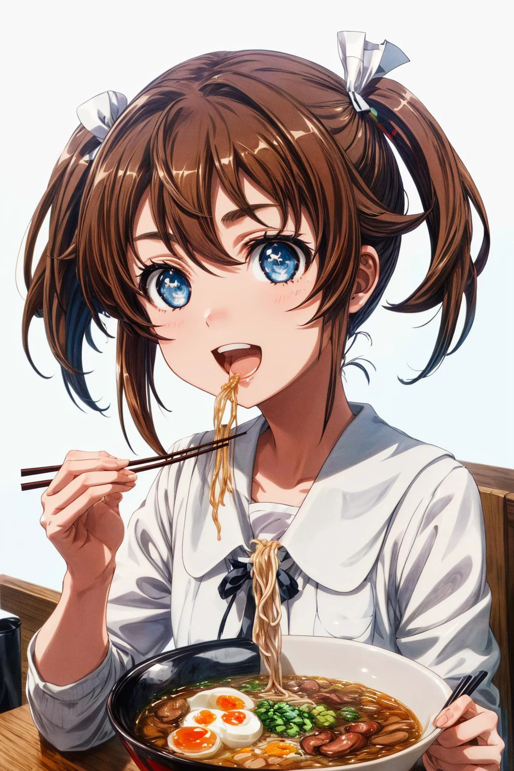 (masterpiece), best quality, (((ultra detailed, 8k quality))), expressive eyes, perfect face, perfect anatomy, perfect body, scene, <lora:scene_:0.7>, <lora:more_details:0.7>, <lora:beautiful_detailed_eyes:0.5>, <lora:give_it_a_name:0.7>, <lora:HighSchoolFleet_MisakiAkeno:0.9>, MisakiAkeno, 1girl, smile, open mouth, brown hair, blue eyes, short hair, twintails,
ramen, Holding chopsticks,eating , chopsticks, <lora:ramen_v4:1> <lora:ramen_v1.4:1>