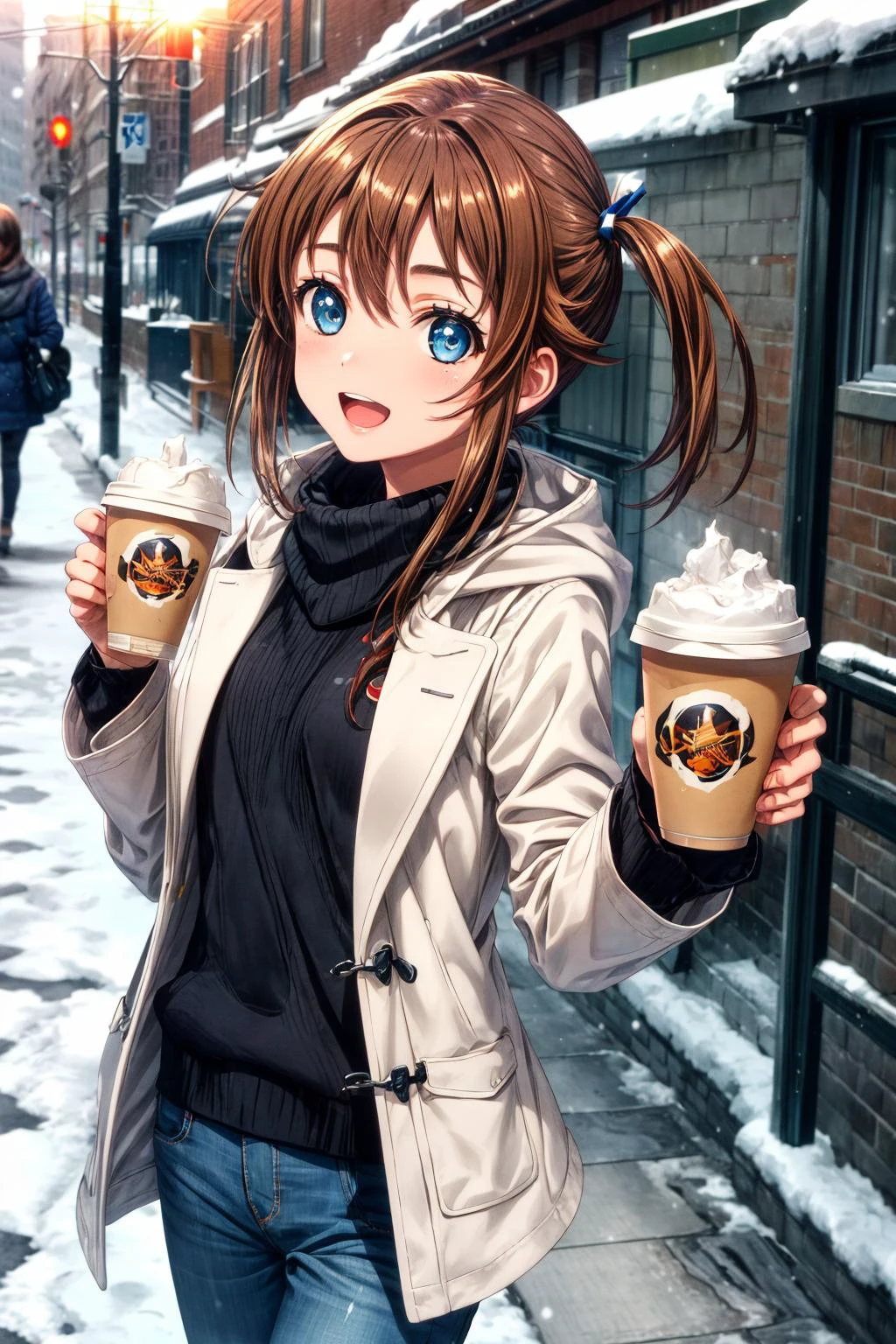 (masterpiece), best quality, (((ultra detailed, 8k quality))), expressive eyes, perfect face, perfect anatomy, perfect body, scene, <lora:scene_:0.7>, <lora:more_details:0.7>, <lora:beautiful_detailed_eyes:0.5>, <lora:give_it_a_name:0.7>, <lora:HighSchoolFleet_MisakiAkeno:0.9>, MisakiAkeno, 1girl, smile, open mouth, brown hair, blue eyes, short hair, twintails,
winter coat, pants, holding, coffee cup, outdoors, sunrise, overcast, snowing, sidewalk,