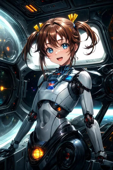 (masterpiece), best quality, (((ultra detailed, 8k quality))), expressive eyes, perfect face, perfect anatomy, perfect body, scene, <lora:scene_:0.7>,  <lora:more_details:0.7>, <lora:beautiful_detailed_eyes:0.5>, <lora:give_it_a_name:0.7>, <lora:HighSchoolFleet_MisakiAkeno:0.9>, MisakiAkeno, 1girl, smile, open mouth, brown hair, blue eyes, short hair, twintails, 
 (((small robot cute next to her waiting patiently))), spaceship, colorful, (sense of wonder), plants growing along the walls of the spaceship, (brightly lit room with scifi holographic displays and space furniture),  space, space batle