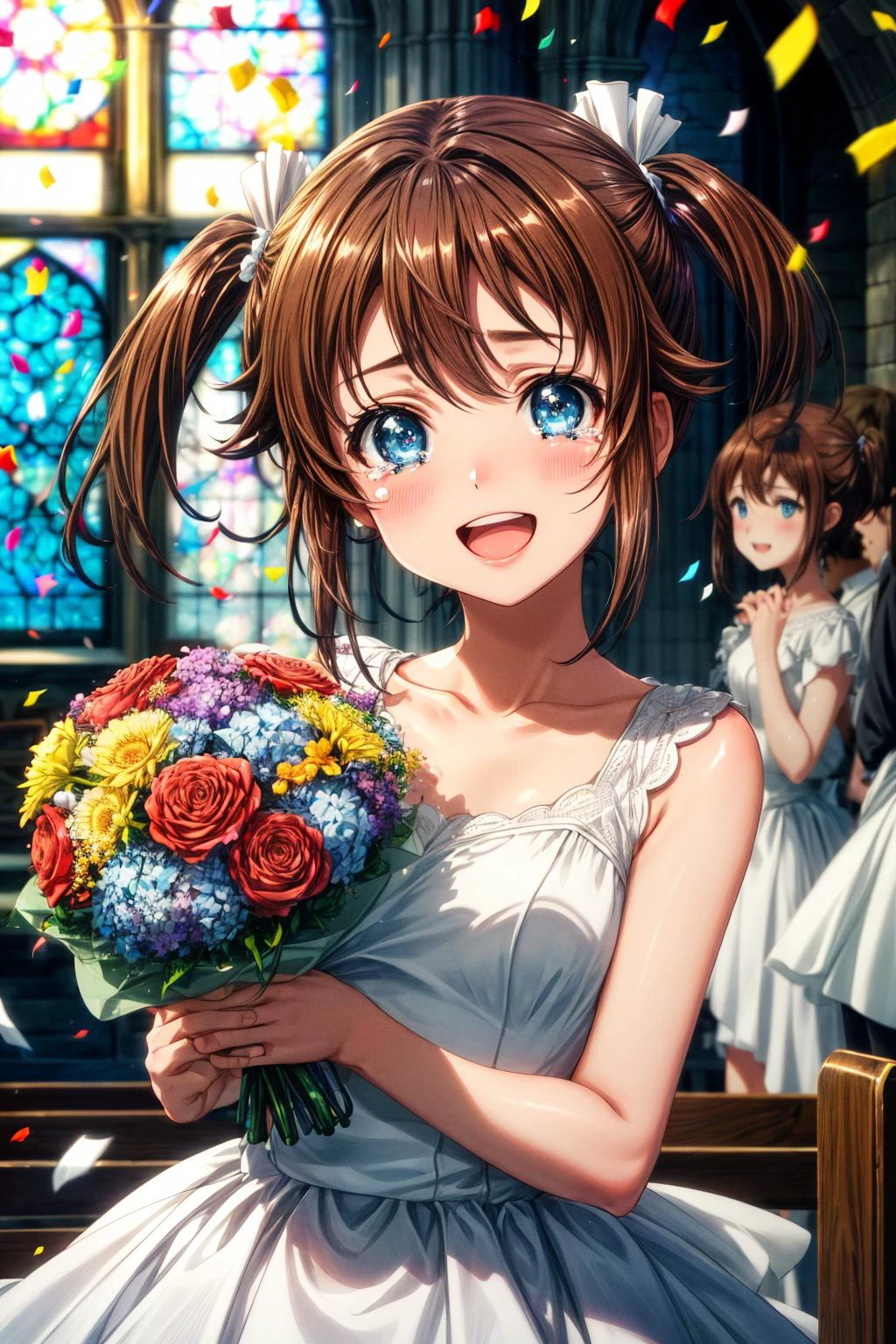 (masterpiece), best quality, (((ultra detailed, 8k quality))), expressive eyes, perfect face, perfect anatomy, perfect body, scene, <lora:scene_:0.7>, <lora:more_details:0.7>, <lora:beautiful_detailed_eyes:0.5>, <lora:give_it_a_name:0.7>, <lora:HighSchoolFleet_MisakiAkeno:0.9>, MisakiAkeno, 1girl, smile, open mouth, brown hair, blue eyes, short hair, twintails,
church, holding bouquet, tears, (confetti:1.1), smile, open mouth, white dress, wedding dress, church, holding bouquet, tears, (confetti:1.1), smile, open mouth,