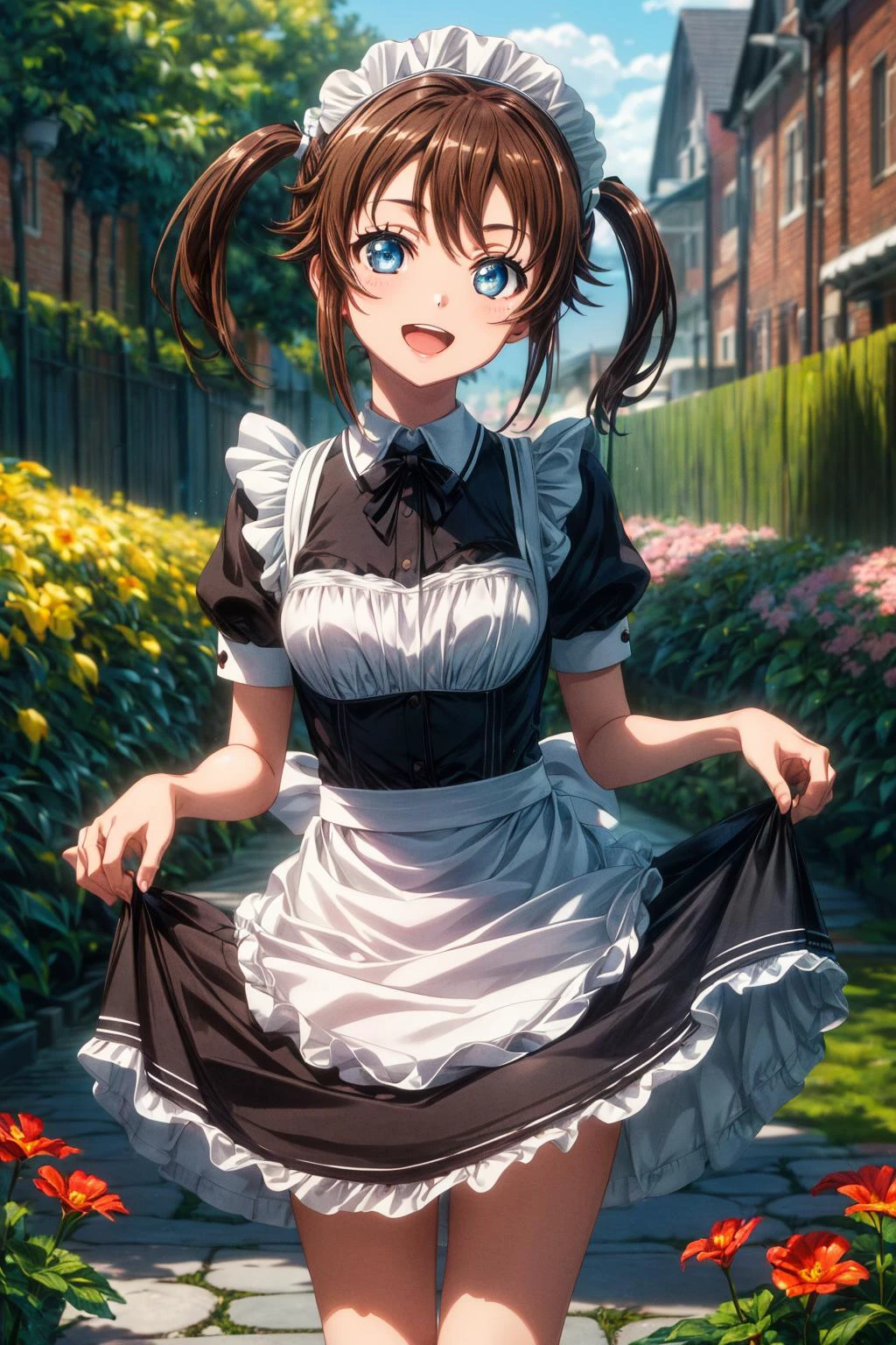 (masterpiece), best quality, (((ultra detailed, 8k quality))), expressive eyes, perfect face, perfect anatomy, perfect body, scene, <lora:scene_:0.7>, <lora:more_details:0.7>, <lora:beautiful_detailed_eyes:0.5>, <lora:give_it_a_name:0.7>, <lora:HighSchoolFleet_MisakiAkeno:0.9>, MisakiAkeno, 1girl, smile, open mouth, brown hair, blue eyes, short hair, twintails,
maid, maid headdress, black dress, garden, standing, skirt hold,,