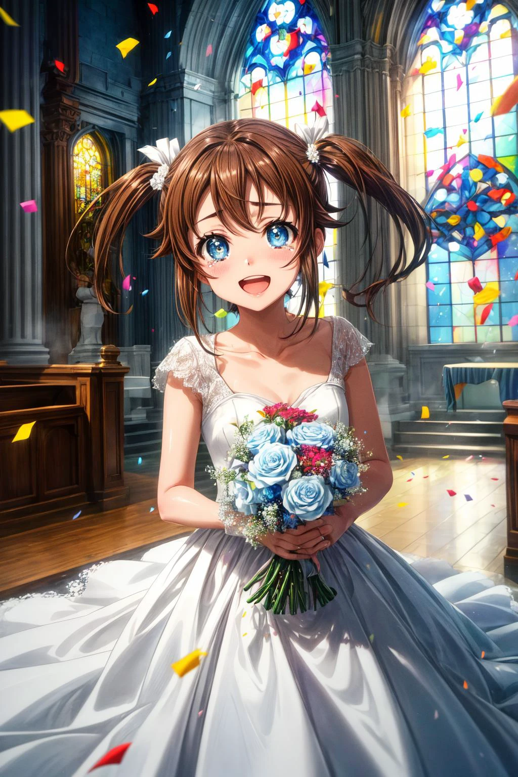 (masterpiece), best quality, (((ultra detailed, 8k quality))), expressive eyes, perfect face, perfect anatomy, perfect body, scene, <lora:scene_:0.7>, <lora:more_details:0.7>, <lora:beautiful_detailed_eyes:0.5>, <lora:give_it_a_name:0.7>, <lora:HighSchoolFleet_MisakiAkeno:0.9>, MisakiAkeno, 1girl, smile, open mouth, brown hair, blue eyes, short hair, twintails,
church, holding bouquet, tears, (confetti:1.1), smile, open mouth, white dress, wedding dress, church, holding bouquet, tears, (confetti:1.1), smile, open mouth,
