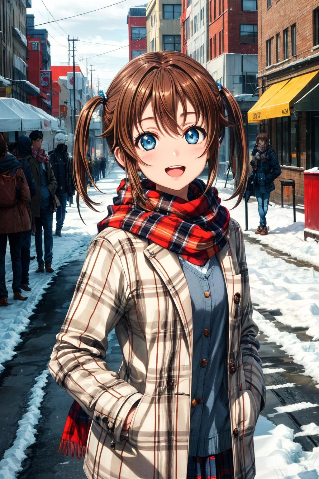 (masterpiece), best quality, (((ultra detailed, 8k quality))), expressive eyes, perfect face, perfect anatomy, perfect body, scene, <lora:scene_:0.7>, <lora:more_details:0.7>, <lora:beautiful_detailed_eyes:0.5>, <lora:give_it_a_name:0.7>, <lora:HighSchoolFleet_MisakiAkeno:0.9>, MisakiAkeno, 1girl, smile, open mouth, brown hair, blue eyes, short hair, twintails,
jacket, long sleeves, looking at viewer, open mouth, plaid, plaid dress, plaid jacket, plaid scarf, plaid shirt, scarf, smile, solo, unmoving pattern, street, winter, snow, one hand on pocket, v over eyes,