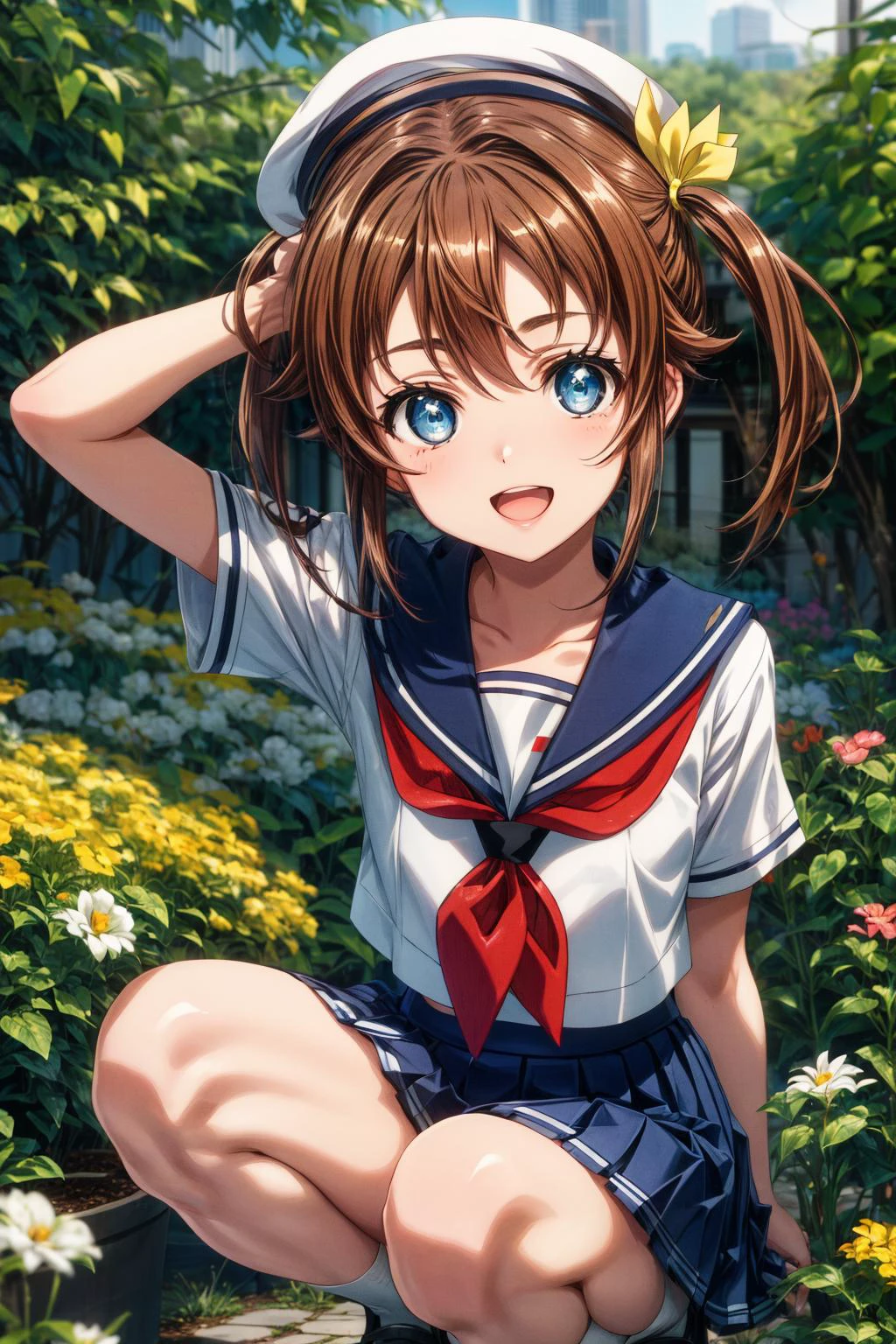 (masterpiece), best quality, (((ultra detailed, 8k quality))), expressive eyes, perfect face, perfect anatomy, perfect body, scene, <lora:scene_:0.7>, <lora:more_details:0.7>, <lora:beautiful_detailed_eyes:0.5>, <lora:give_it_a_name:0.7>, <lora:HighSchoolFleet_MisakiAkeno:0.9>, MisakiAkeno, 1girl, smile, open mouth, brown hair, blue eyes, short hair, twintails, hair ribbon, yellow ribbon, serafuku, red neckerchief, blue skirt, sailor hat, garden, squat, close portrait