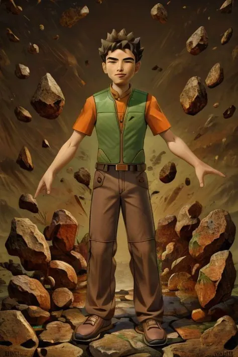 (masterpiece), hdr, 1boy, brkani,   <lora:add_detail:1> <lora:Brock:0.95>, abstract background of stones, black background,  dim light, brown pants, orange shirt, short sleeves, green vest, open vest