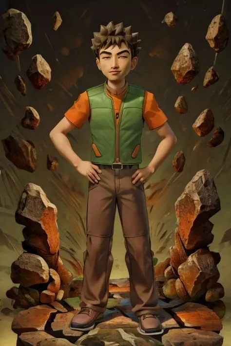 (masterpiece), hdr, 1boy, brkani,   <lora:add_detail:1> <lora:Brock:0.95>, abstract background of stones, black background,  dim light, brown pants, orange shirt, short sleeves, green vest, open vest