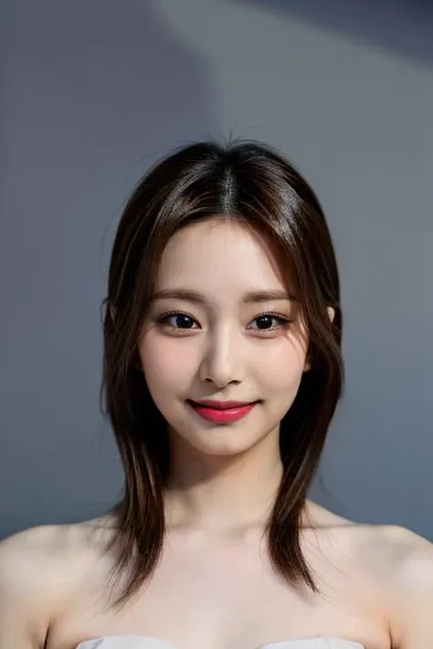 (masterpiece, top quality, best quality, (close-up photograph: 2), ((1girl)), fair skin, (((closed lips))), small eyes, (extremely detailed face), looking straight, ultra-detailed eyes and pupils, ((bare pectorals)), ((bare chest)), bare head, nude dress, (((bare shoulders))), symmetrical frame, ((strapless)), (((smile))), ((symmetrical pose)), looking at viewer, (((looking at viewer))), (symmetrical face: 1.6), 35mm, simple grey background, ((studio lighting)), no watermark, ((long brown hair)), <lora:tzuyulorashy:1>