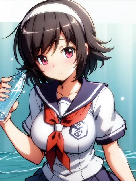 masterpiece, best quality, <lora:takaharaAyumi_takaharaAyumiV2:0.6>, takahara ayumi, short hair, hairband, large breasts, cowboy shot, water bottle, school uniform