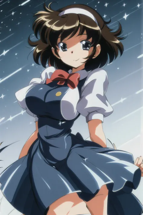 takahara ayumi, hairband, short hair, large breasts, wide hips, smile, dress, night sky, stars, brown hair,<lora:Takahara Ayumi V2:0.6> <lora:1990sAnimeStyleLora_1:0.8>