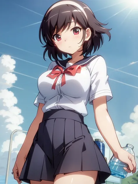 masterpiece, best quality, <lora:takaharaAyumi_takaharaAyumiV2:0.6>, takahara ayumi, short hair, hairband, large breasts, cowboy shot, water bottle, school uniform