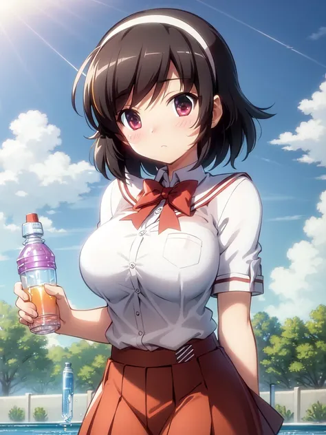 masterpiece, best quality, <lora:takaharaAyumi_takaharaAyumiV2:0.6>, takahara ayumi, short hair, hairband, large breasts, cowboy shot, water bottle, school uniform
