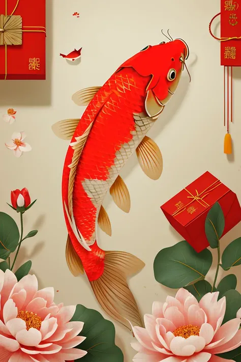 illustration,Chinese digital painting,vector,carp,clean background,flowers and red package,<lora:ãæ¥èloraãå¤å¤é¦é²¤ æ°å¹´æµ·æ¥_v1.0:0.8>,realistic,