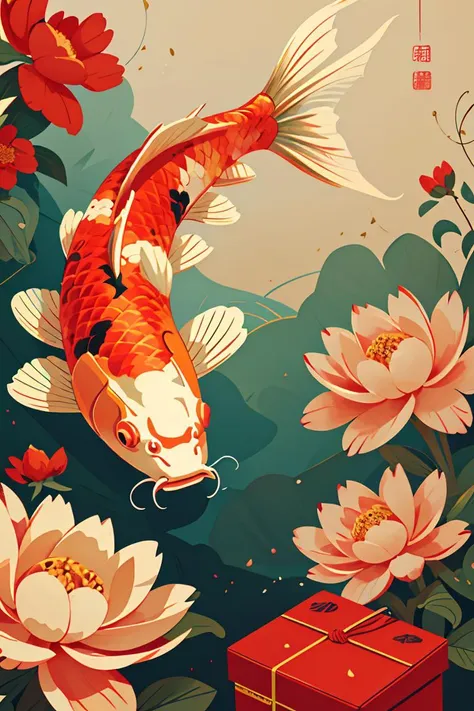 illustration,Chinese digital painting,vector,carp,clean background,flowers and red package,<lora:ãæ¥èloraãå¤å¤é¦é²¤ æ°å¹´æµ·æ¥_v1.0:0.8>,