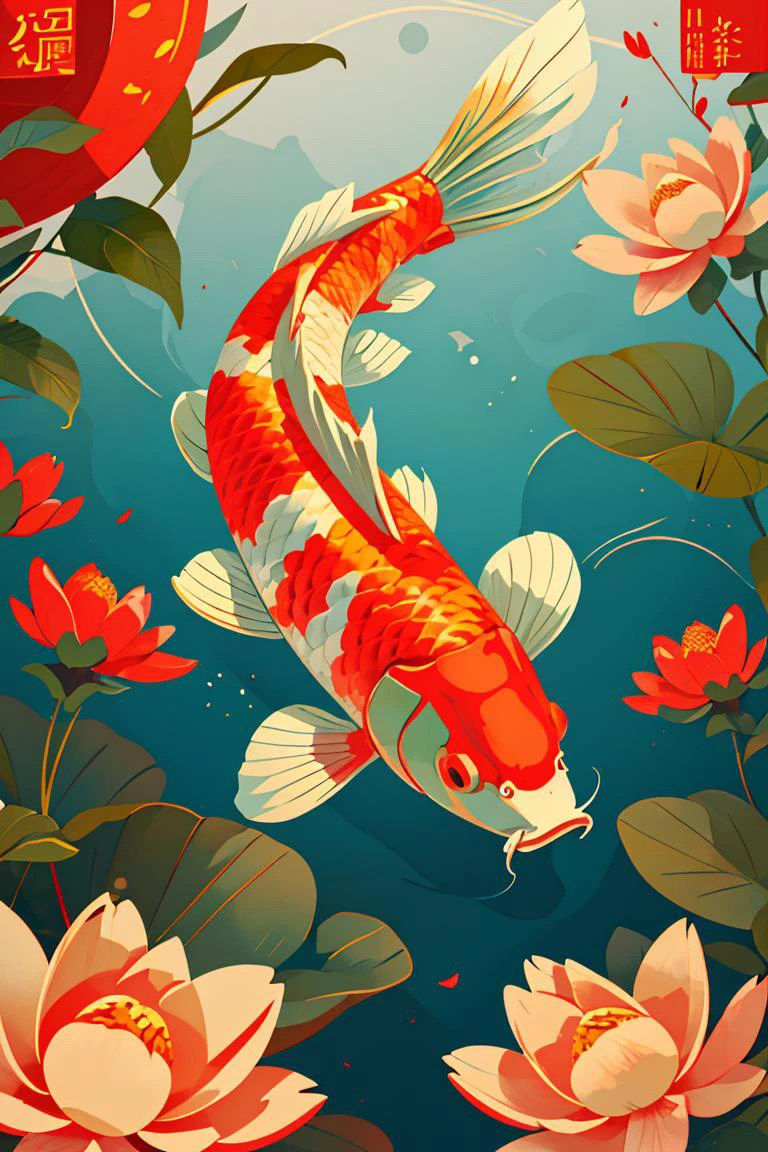 illustration,Chinese digital painting,vector,carp,clean background,flowers and red package,<lora:ãæ¥èloraãå¤å¤é¦é²¤ æ°å¹´æµ·æ¥_v1.0:0.8>,