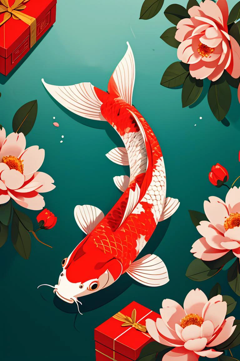 illustration,Chinese digital painting,vector,carp,clean background,flowers and red package,<lora:ãæ¥èloraãå¤å¤é¦é²¤ æ°å¹´æµ·æ¥_v1.0:0.8>,