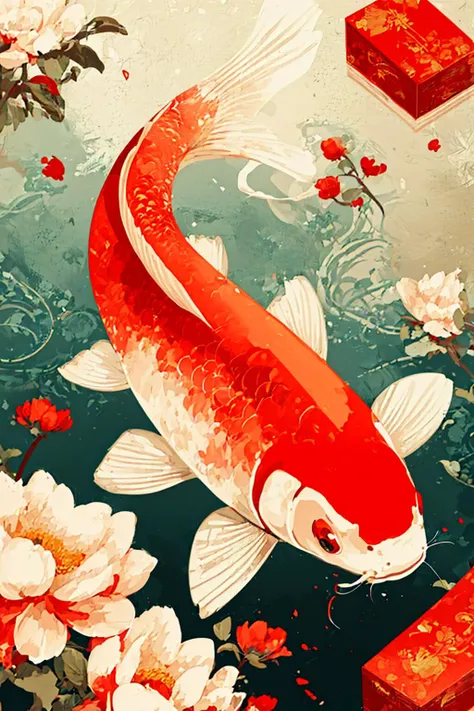 illustration,Chinese digital painting,vector,carp,clean background,flowers and red package,flat,<lora:ãæ¥èloraãå¤å¤é¦é²¤ æ°å¹´æµ·æ¥_v1.0:1>,