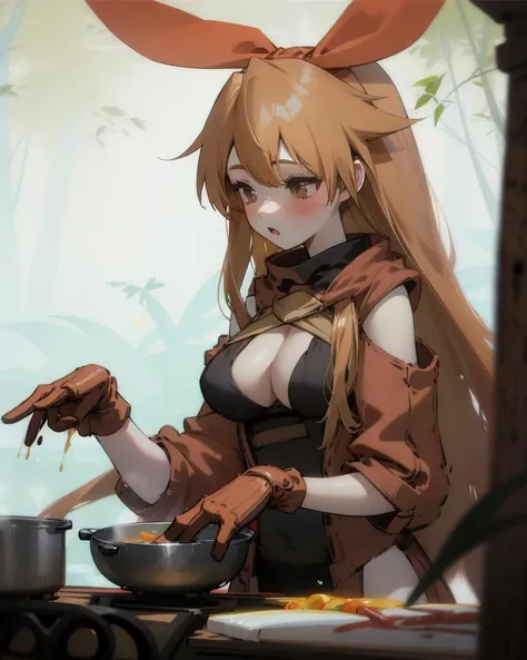 1girl,hair ribbon,long hair,cleavage,shorts,<lora:Nell Ellis:0.9>,cooking,forest