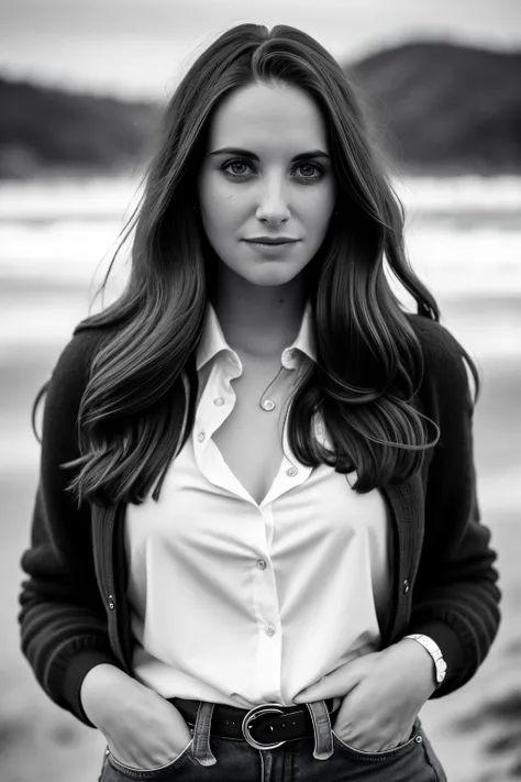 b&w photo of woman, annie, long hair, high detailed skin, shirt, jacket, coastline, overcast weather, wind, waves, 8k uhd, dslr, soft lighting, high quality, film grain, Fujifilm XT3 <lora:AnnieV2:1>