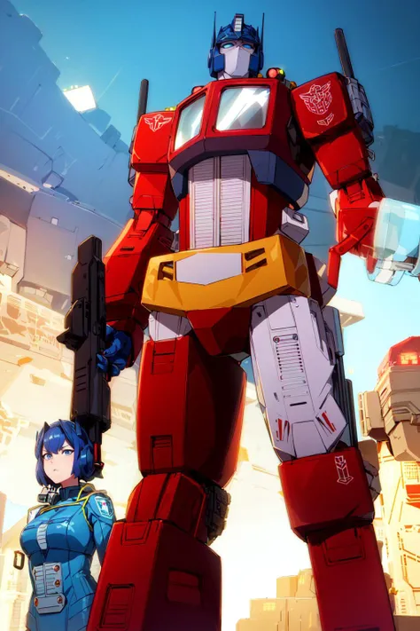 masterpiece, highres , blue eyes, mecha, detailed manga illustration,volumetric lighting, best quality, intricate details ,<lora:OptimusPrimeG1_1.2:0.87>,Metallic skin, Martian Landform,night,red skin,from front,in the vast wilderness,2girl,aisian mature female,