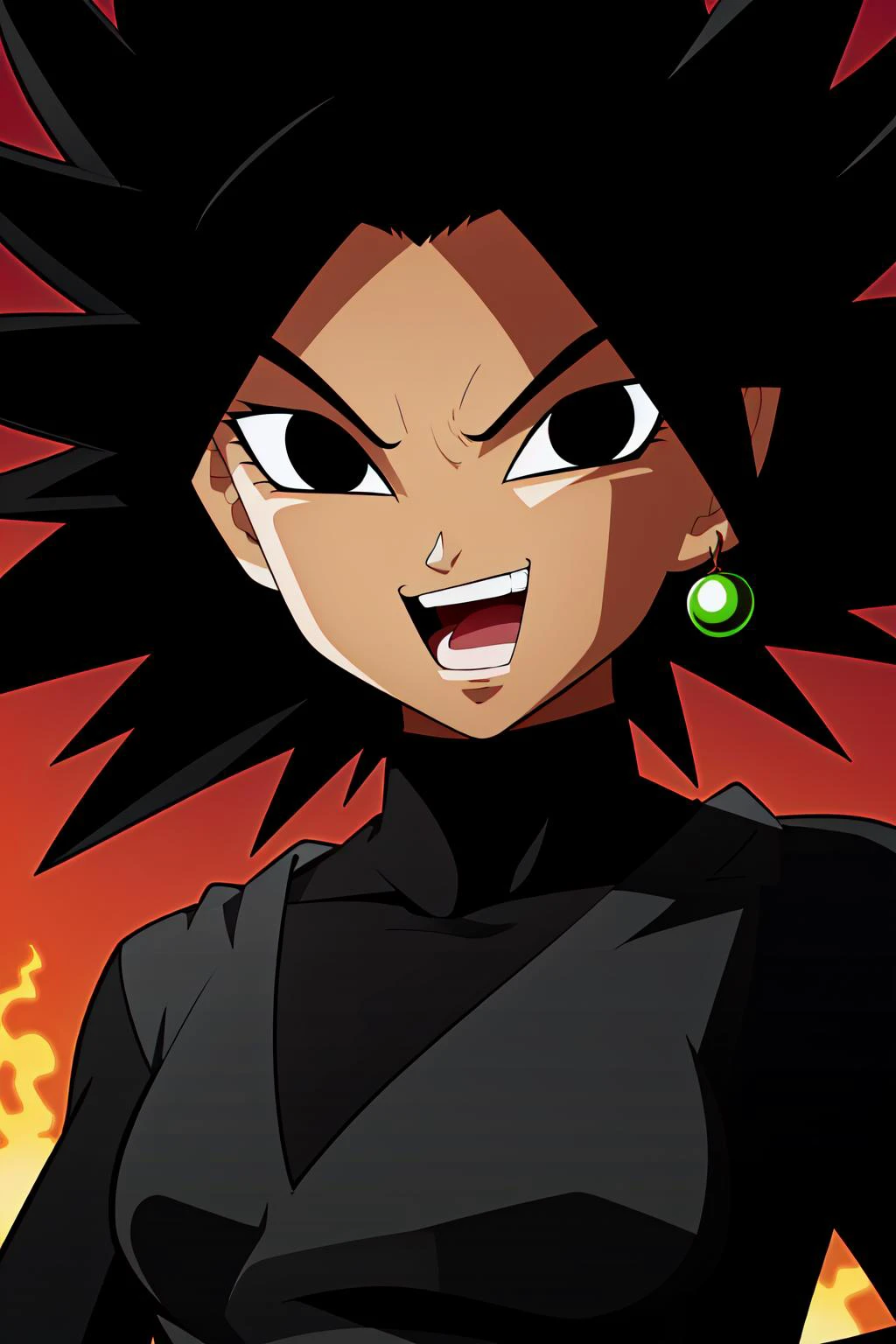 <lora:Caulifla:0.7>, masterpiece, caulifla, black hair, spiked hair, black eyes, black turtleneck, goku black gi, close up, looking at viewer, evil smile, smile, open mouth, teeth, ruined city, red sky, flames, potara earring,