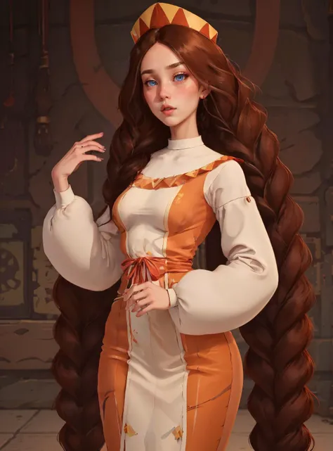 zabava, 1girl, solo, full height, long hair, looking at viewer, brown hair, hat, ribbon, very long hair, hair ribbon, braid, twin braids, parody, blush stickers,
blue eyes, small pointy breasts, Long dress, cyberpunk style, puffy long sleeves,parted lips,