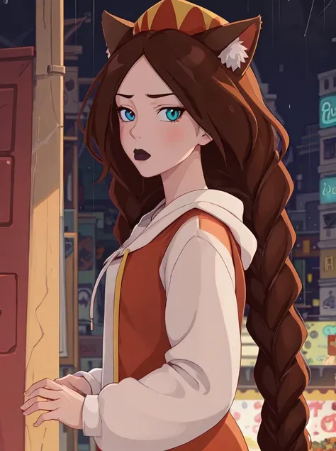 (anime), (illustration), cartoon, detailed, zabava, 1girl, solo, long hair, looking at viewer, brown hair, long sleeves, hat, dress, ribbon, very long hair, hair ribbon, braid,  twin braids, parody, blush stickers, <lora:zabava-20:0.6>
	(exceptional, best aesthetic, best quality, masterpiece, extremely detailed, anime, waifu:1.2) BREAK 1girl, goth, cat ear hoodie, black lipstick, raining, sad, from side, city, cyberpunk, neon lights, night, heterochromia,