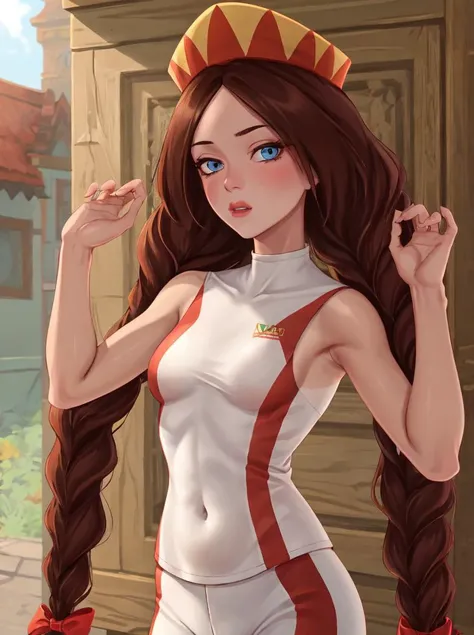 zabava, 1girl, solo, long hair, looking at viewer, brown hair, hat,  ribbon, very long hair, hair ribbon, braid,  twin braids, parody, blush stickers, <lora:zabava-20:0.6>
 blue eyes, small pointy breasts, tan, tanlines, toned, shiny skin, track uniform,parted lips,