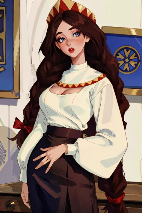 (masterpiece, best quality, 1girl:1.2, solo:1.3, illustration), ((office lady, white shirt, long sleeves, black skirt)), zabava, makeup, lipstick, freckles, red lips, brown hair, blue eyes, very long hair, hair ribbon, braid, twin braids, cowboy shot, looking at viewer, cleavage, flirting, modest, large breasts, large hips,  <lora:zabava-20:0.6>
