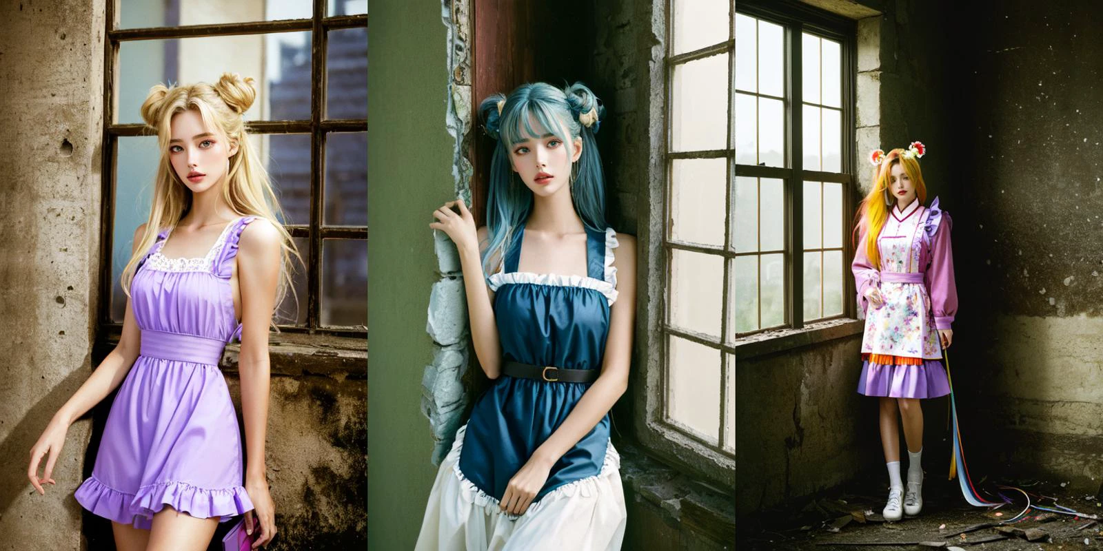 (otherworldly), highly insanely detailed, masterpiece, top quality, best quality, highres, 4k, 8k, RAW photo, (very aesthetic, beautiful and aesthetic), 1girl, Tower13_Gizelle,
BREAK
<lora:china maid_V1.0:0.8>,
jyojifuku, china maid, apron, frills, double bun,
BREAK
(long-shot ruins, building, window frame, cracked window, wall corner, upturned, abandoned, metal, industrial, fence, moody, cracked mud, urban, canalside:1.2),
BREAK
(__lazy-wildcards/char/haircolor__:1.3),
__lazy-wildcards/dataset/background-color__,
âââ